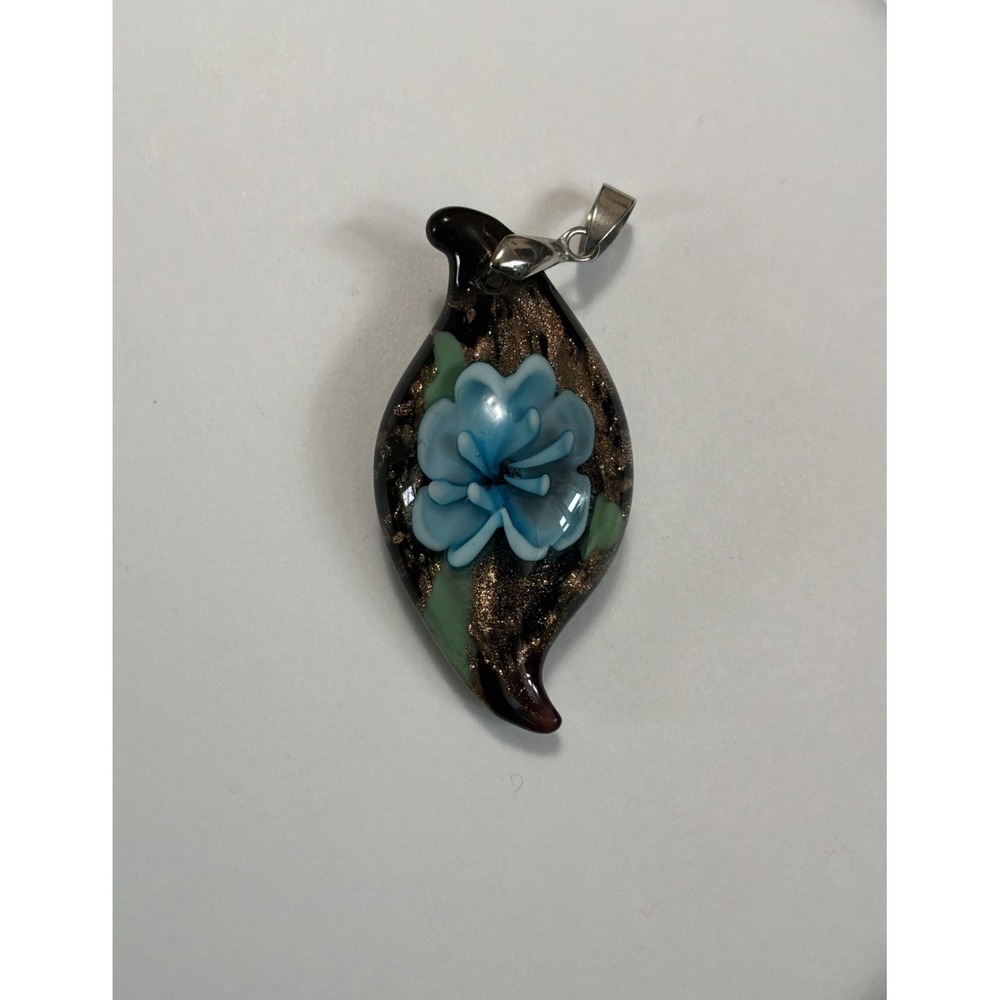 Glass Gold Fleck Blue Flower Pendant 18K Gold Plated Bail